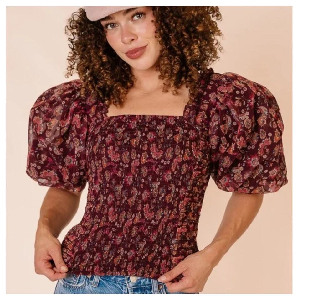 NWT Ivy City Co. Stephanie Dramatic Puff Sleeve Smocked Blouse Top Size Small